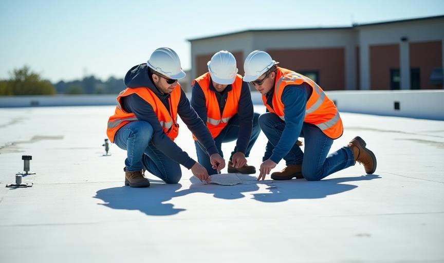 Mecklenburg Roofing team members collaborating on a commercial roof inspection