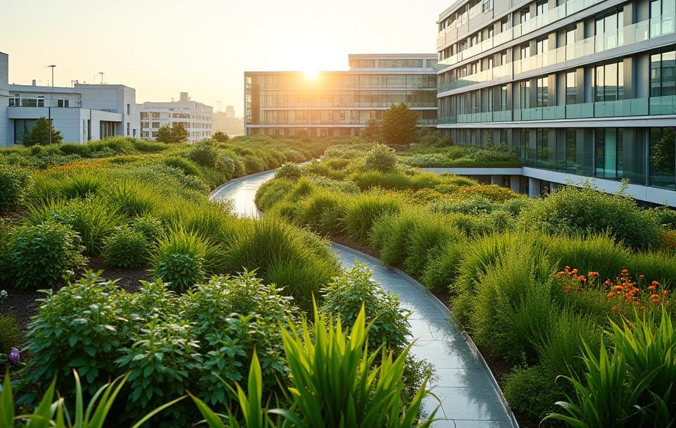 Lush green roof system on a contemporary hospital building