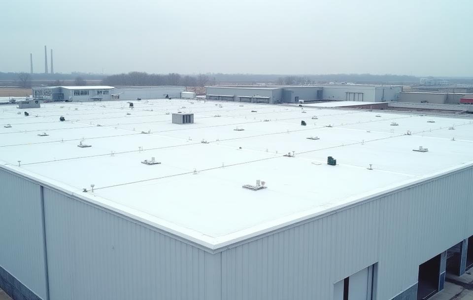 Newly installed roof on a sprawling industrial manufacturing facility