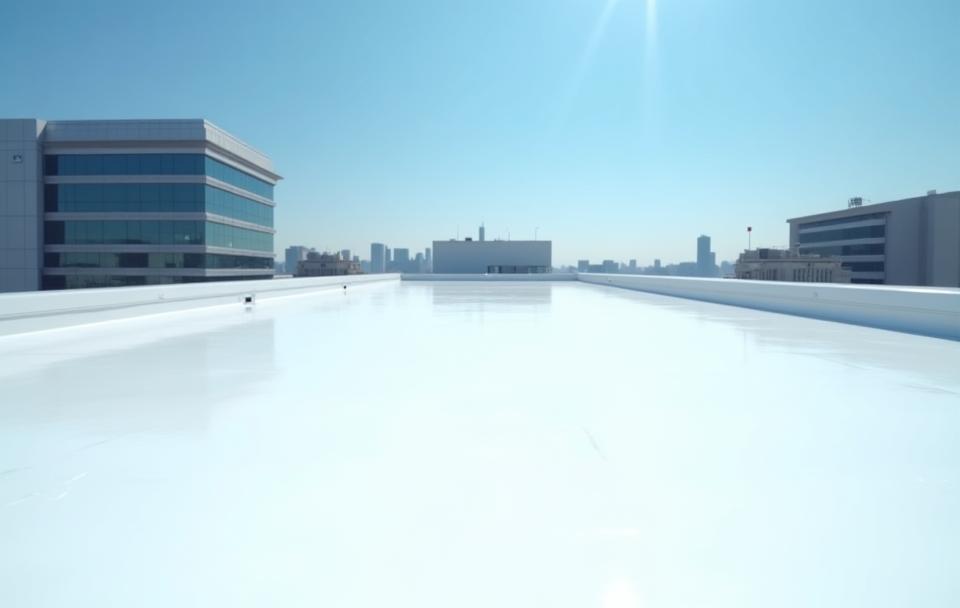 Restored and coated roof of a multi-story corporate office building